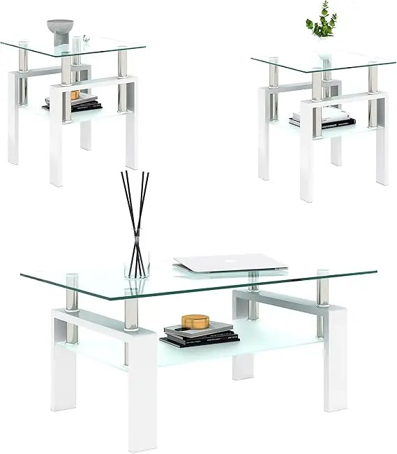 Living Room Tempered Glass Coffee Table And End Tables Set