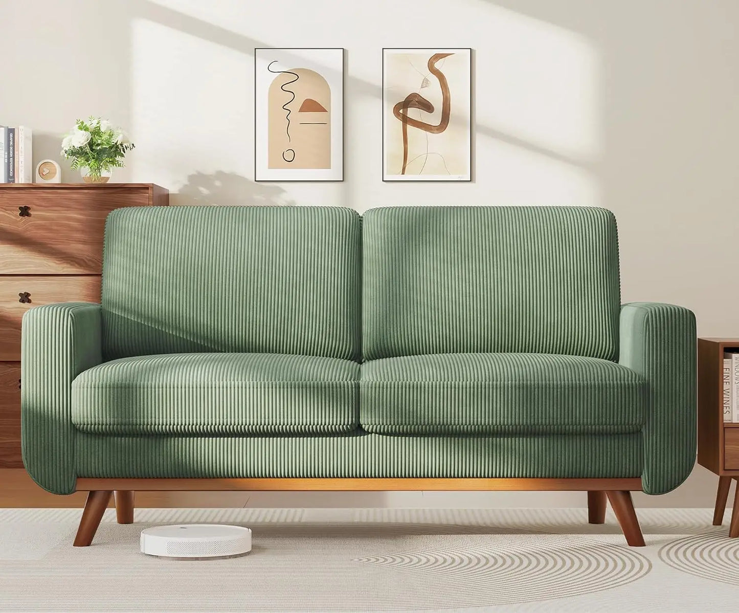HUANZHUANG Corduroy Loveseat Sofa With Spring Cushion Solid Wood Frame
