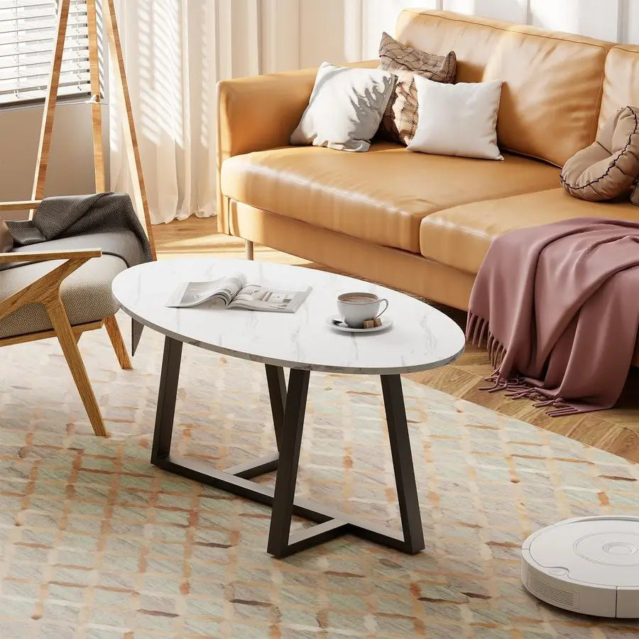 Oval Wood End Table With Faux Marble Top