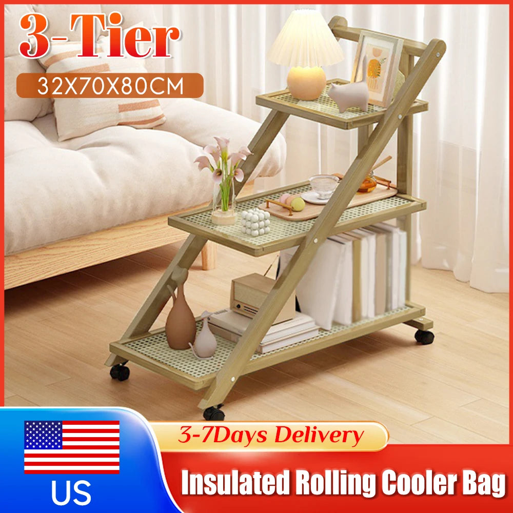 Three-Tier End Table With Wheels Rolling Cart For Living Room