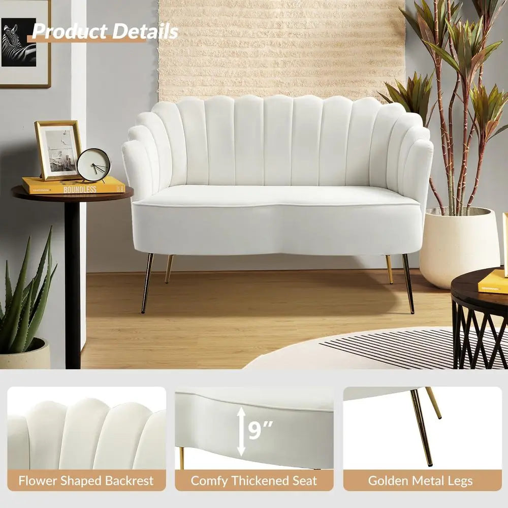 Modern Velvet Loveseat Sofa With Flower Back And Metal Legs