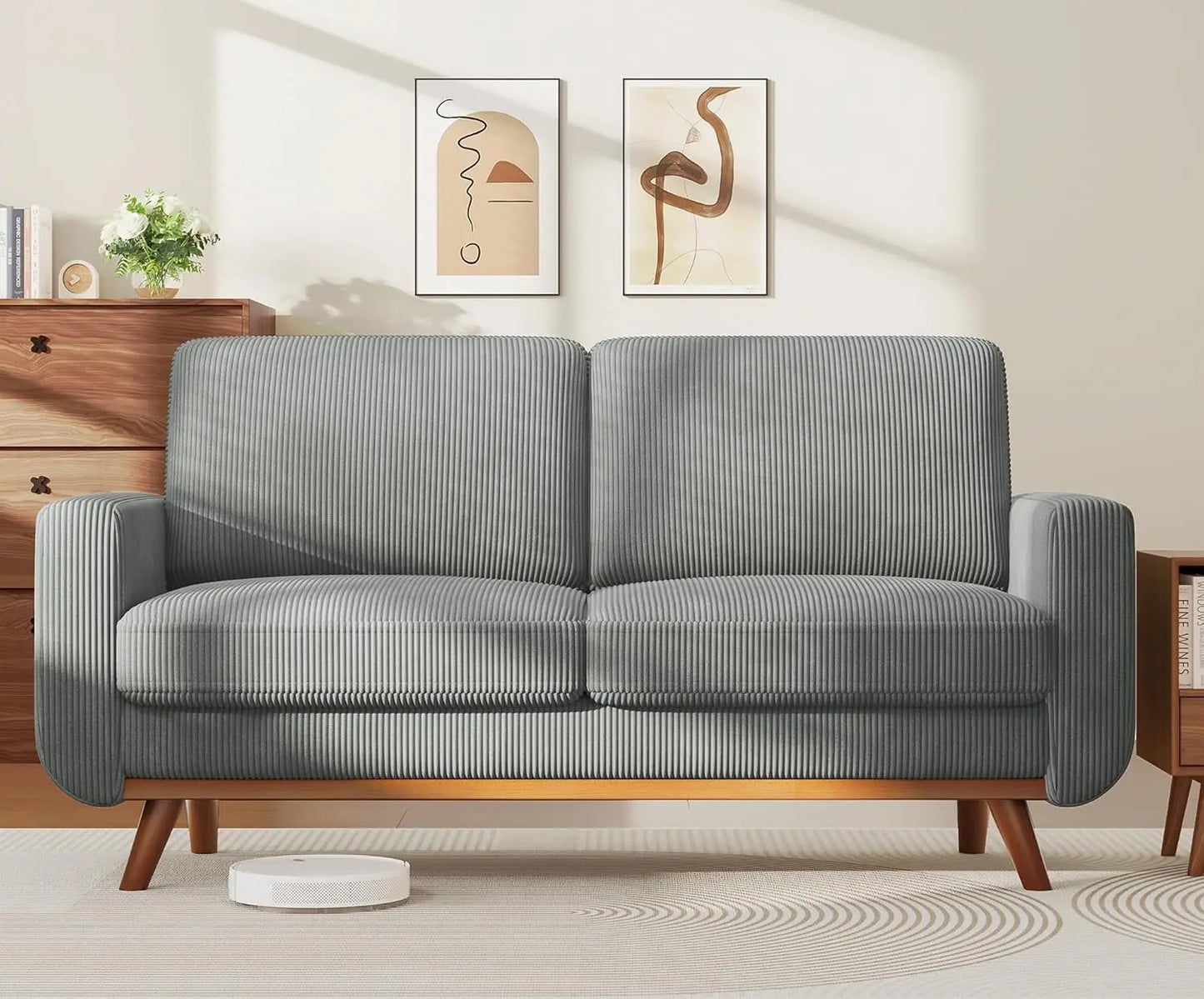 HUANZHUANG Corduroy Loveseat Sofa With Spring Cushion Solid Wood Frame