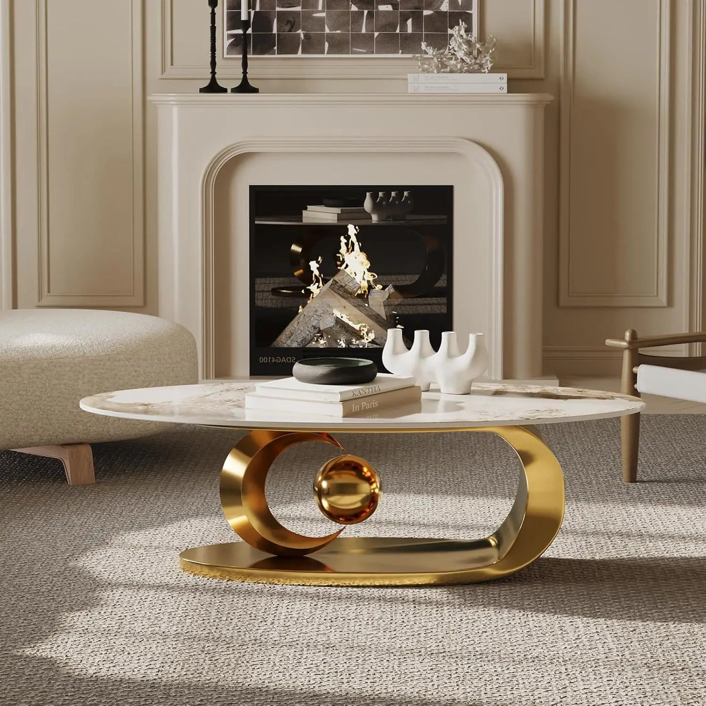 Modern Marble Oval Coffee Table with Gold Metal Base
