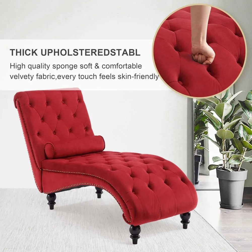 Velvet Upholstered Chaise Lounge Chair With Pillow Tufted Recliner