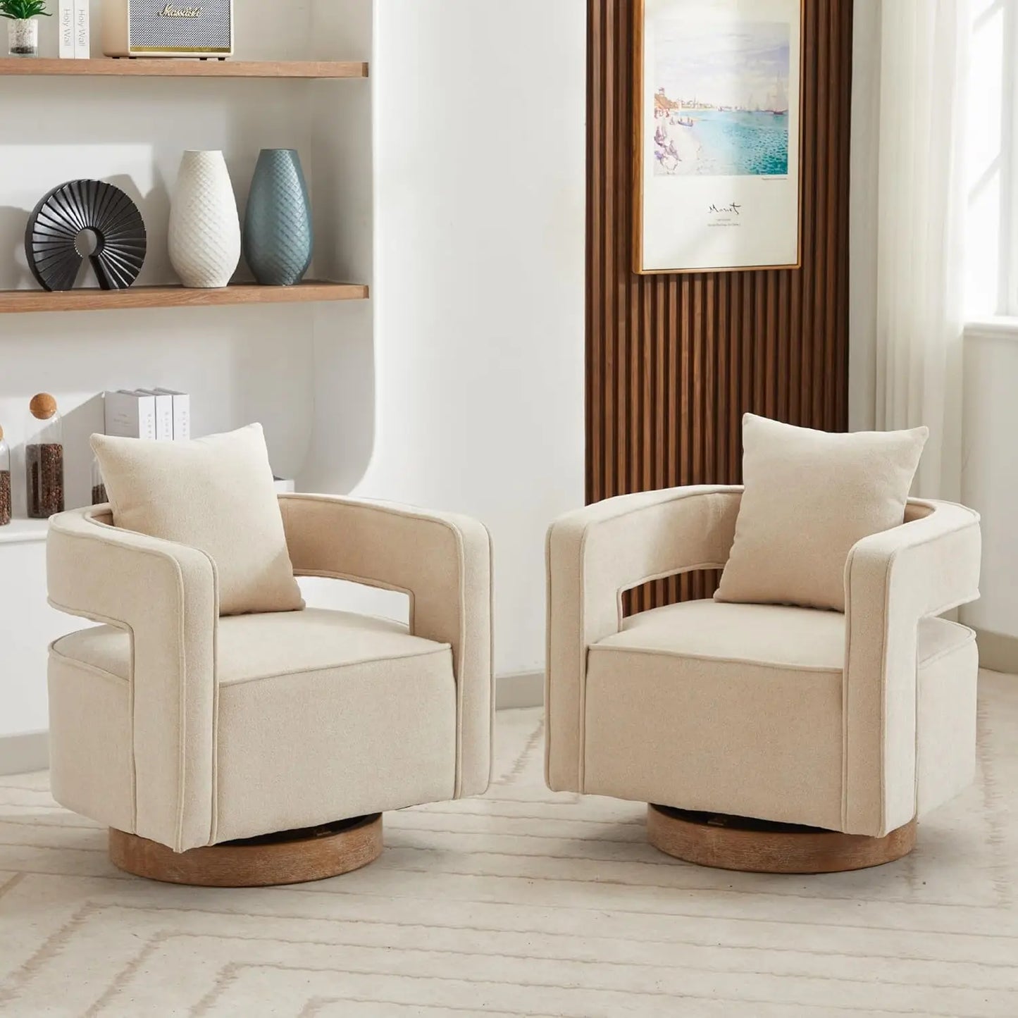 Upholstered Swivel Accent Barrel Chair Set Two Linen Open Back