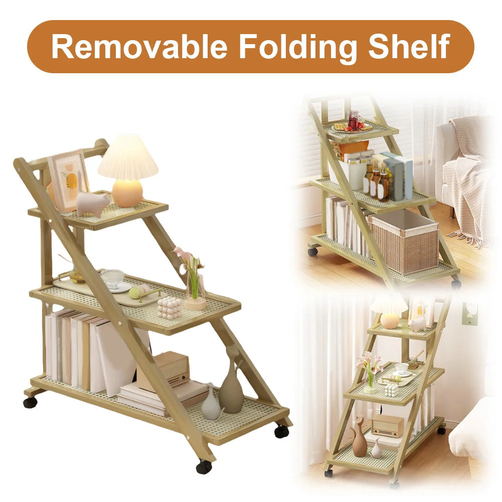 Three-Tier End Table With Wheels Rolling Cart For Living Room