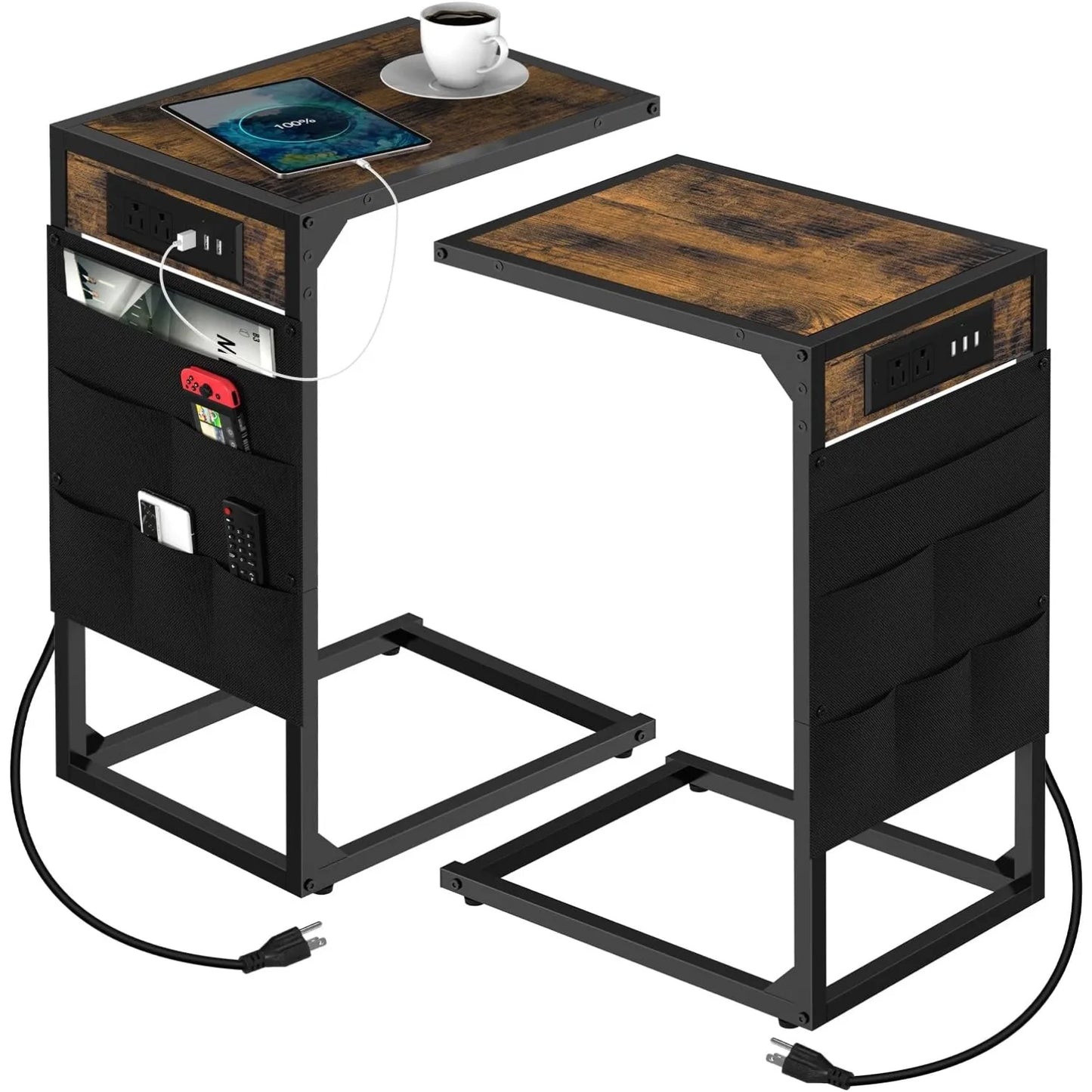 C Shaped End Table With USB Charging And Metal Frame