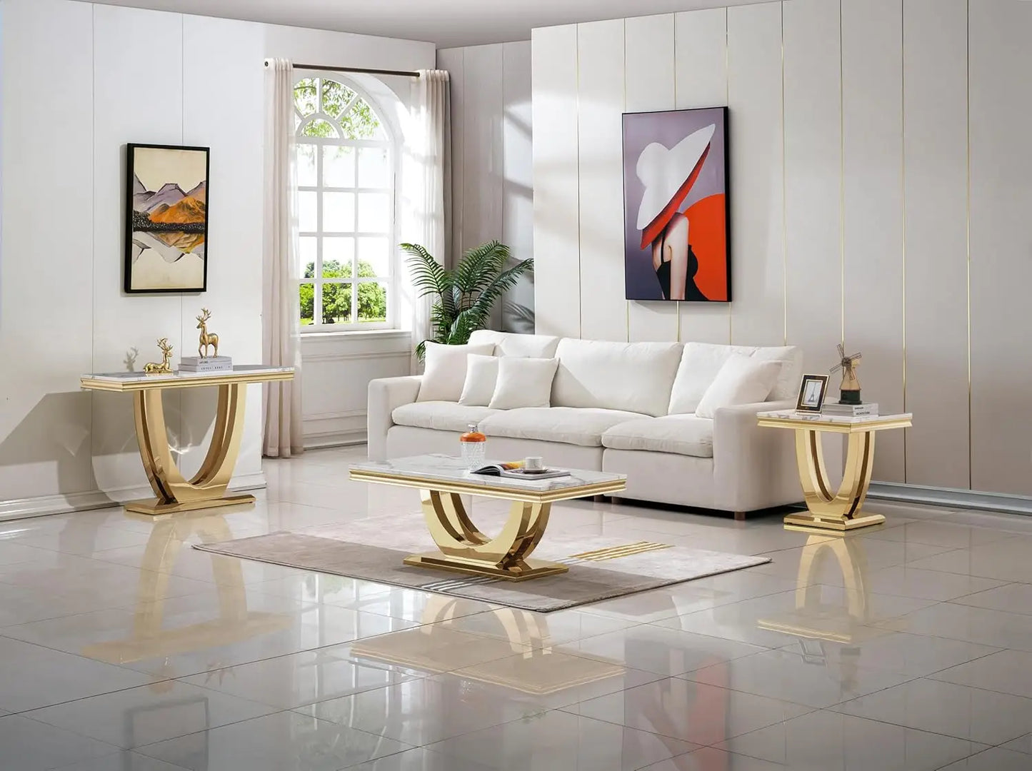 Modern Marble End Table With U Shaped Stainless Steel Base