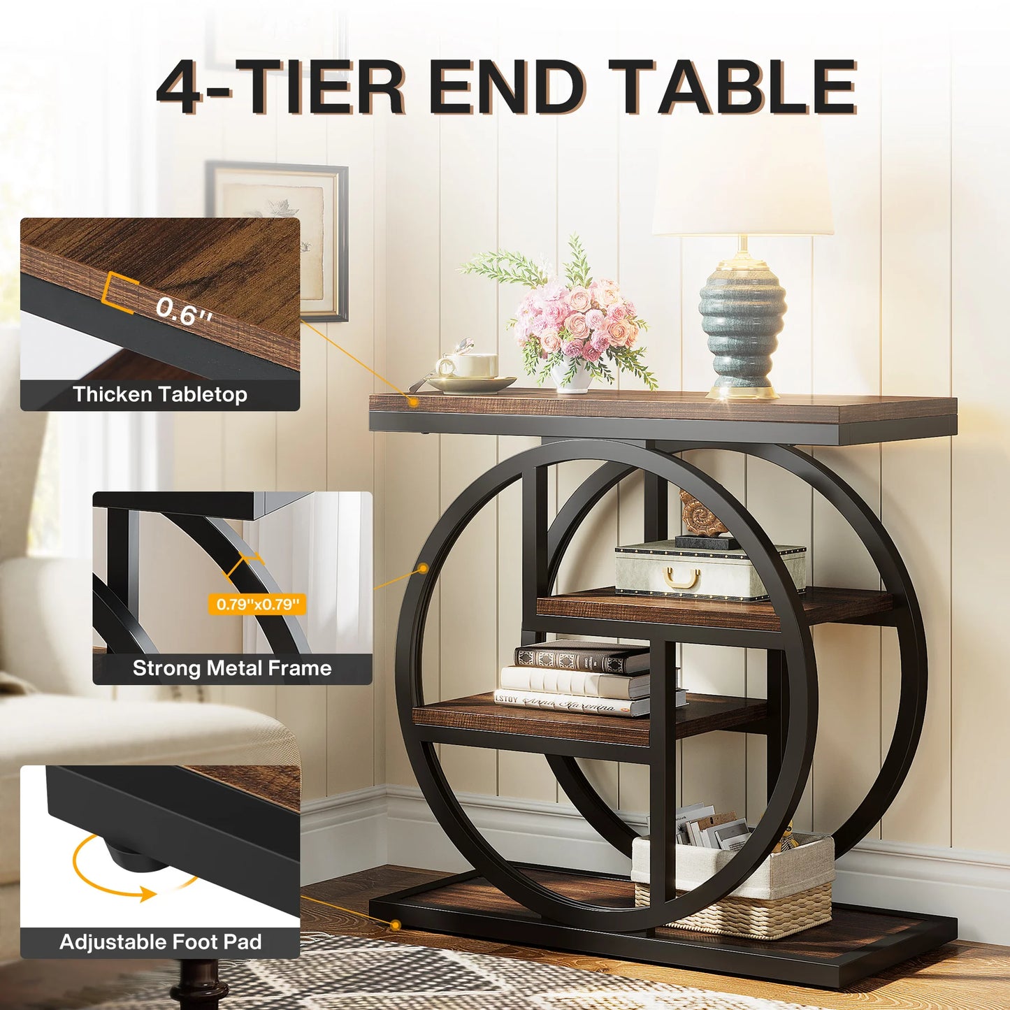 Tribesigns End Table 4-Tier Storage Shelves Industrial