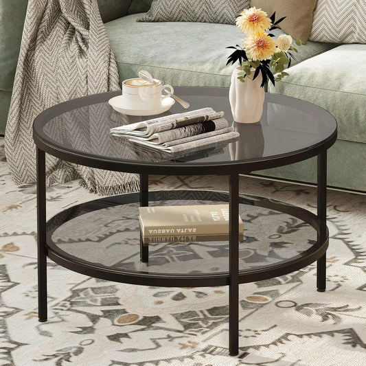 Round Glass Coffee Table With Storage Shelf For Living Room
