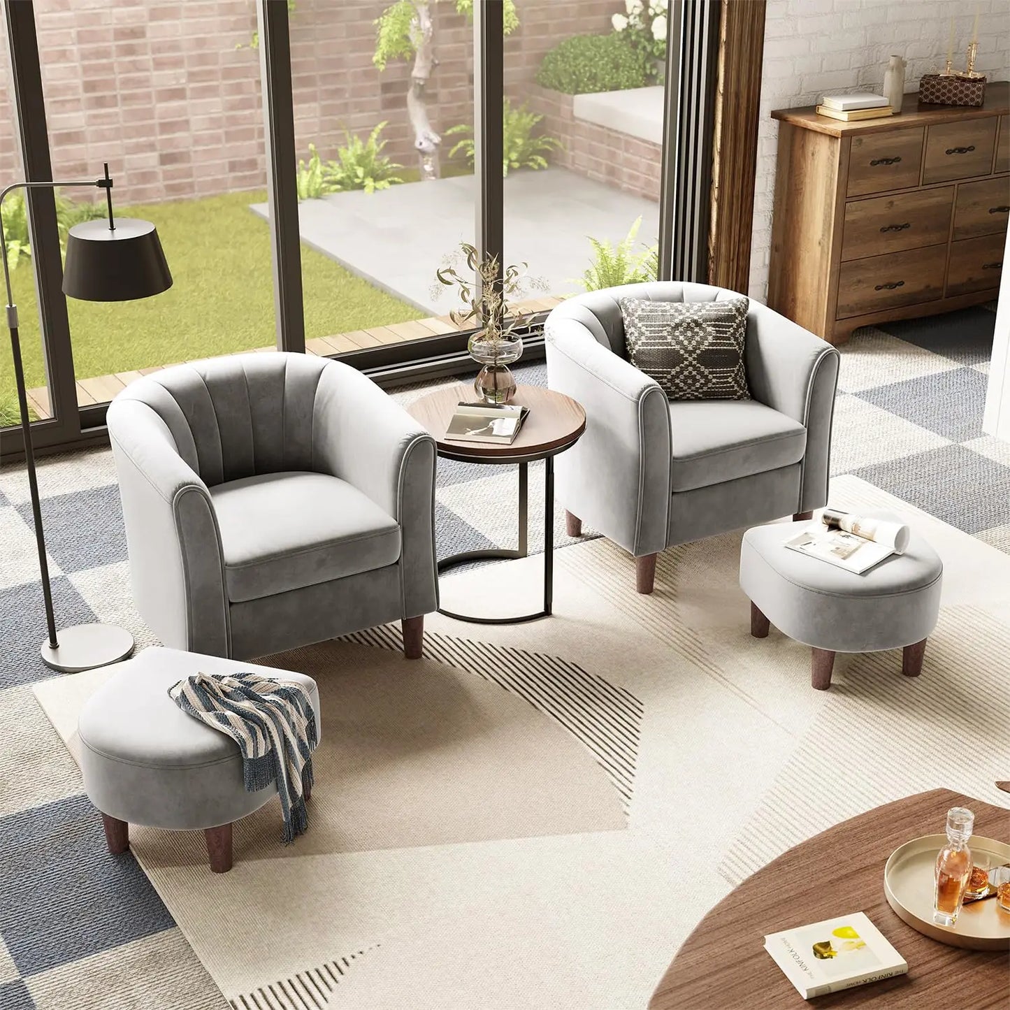Velvet Barrel Chair With Ottoman Accent For Small Spaces