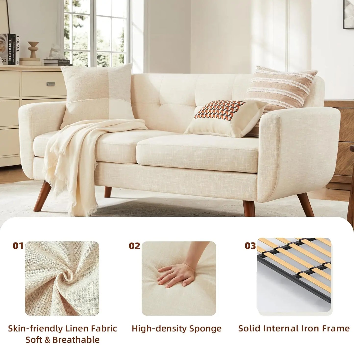 Mid Century Modern Button Tufted Upholstered Loveseat