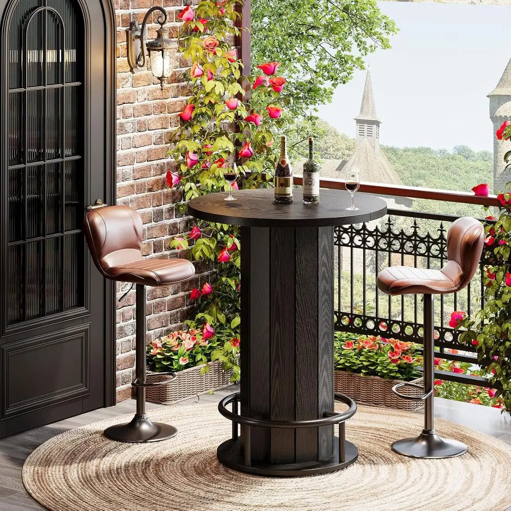 LISM Round Wood Bar Table With Metal Ring Footrest