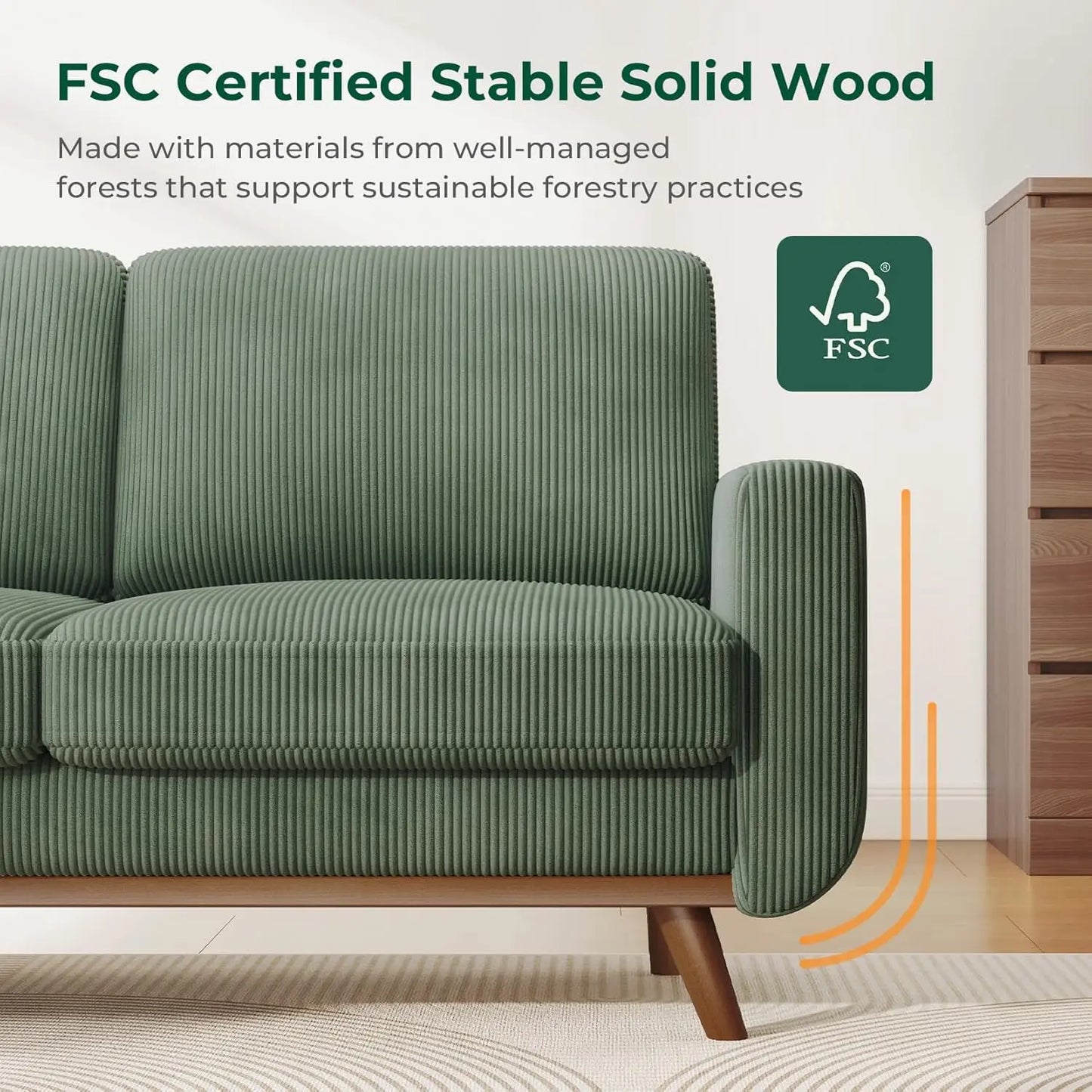 HUANZHUANG Corduroy Loveseat Sofa With Spring Cushion Solid Wood Frame