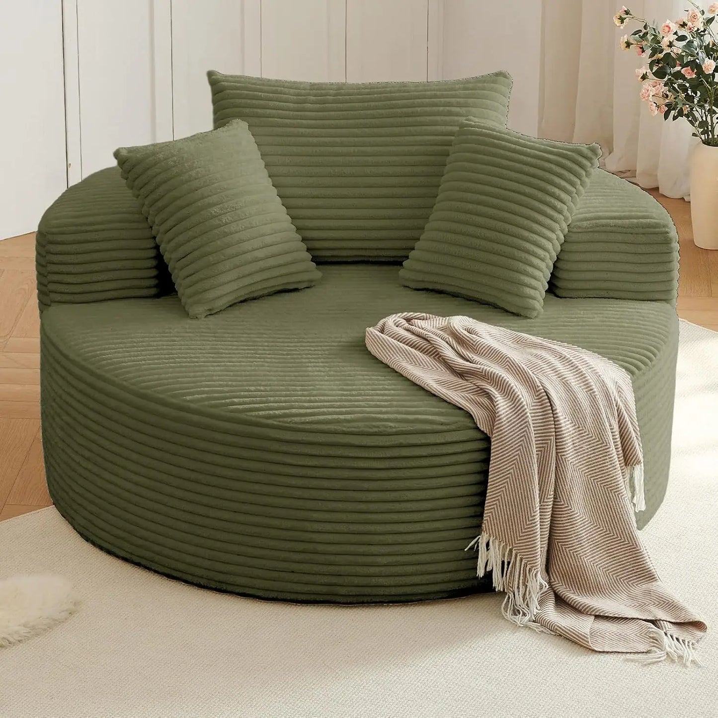 Round Corduroy Upholstered Lounge Chair With Deep Seat Sofa