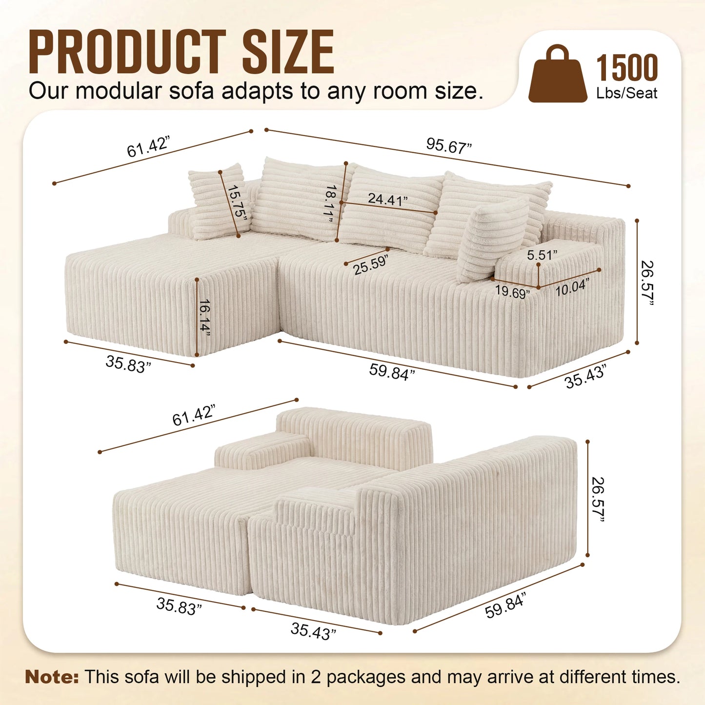 Redlife L-Shape Corduroy Sectional Sofa Cloud-Like Couch