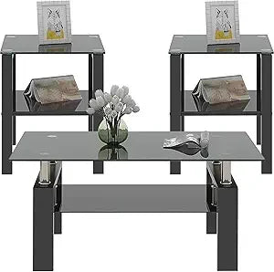 3-Piece Glass Coffee Table Set With End Tables Modern Metal