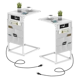 C Shaped End Table With USB Charging And Metal Frame