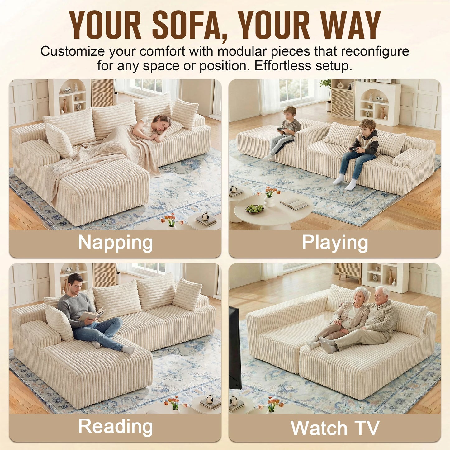 Redlife L-Shape Corduroy Sectional Sofa Cloud-Like Couch