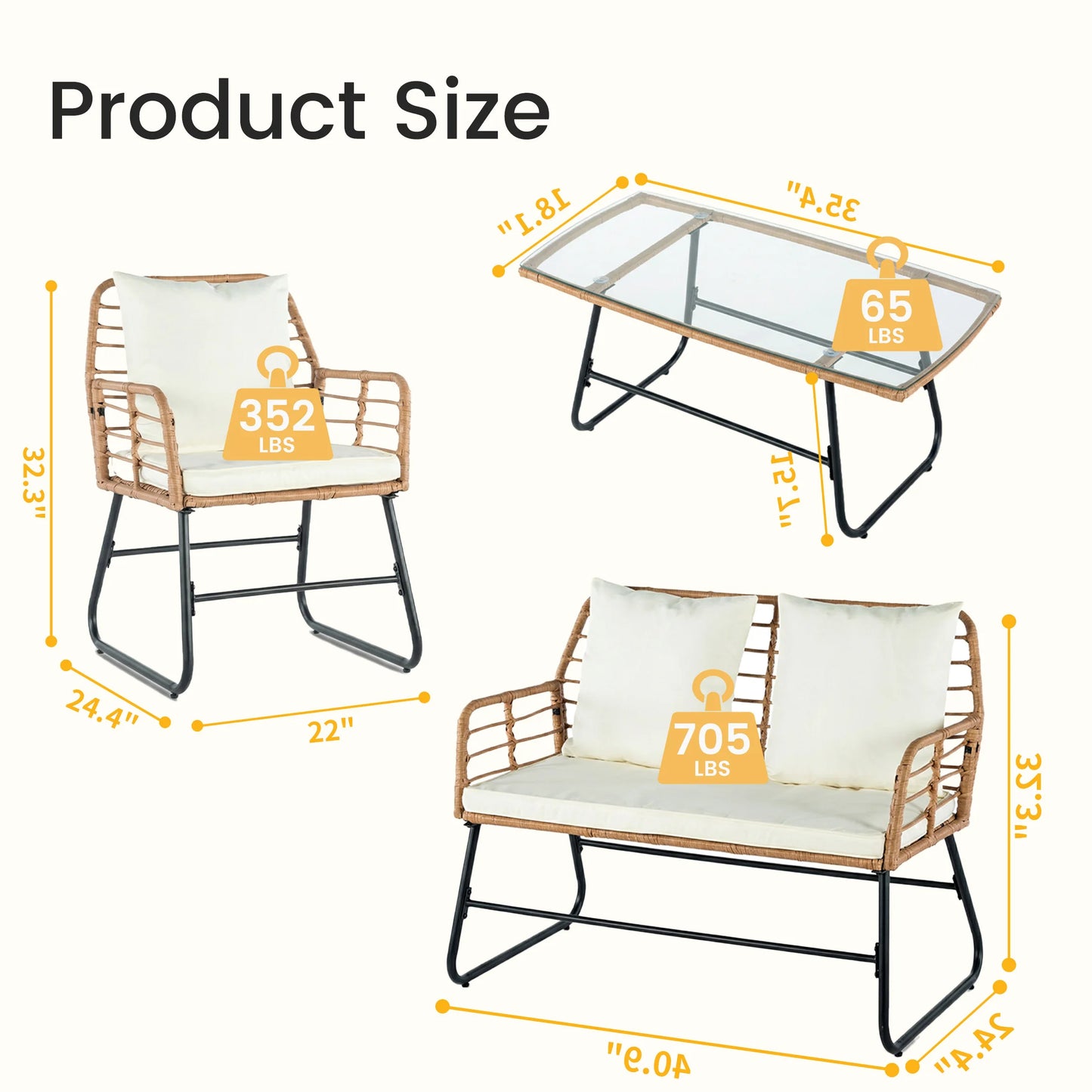 Outdoor Wicker Patio Furniture Set 4 With Cushions Glass Table