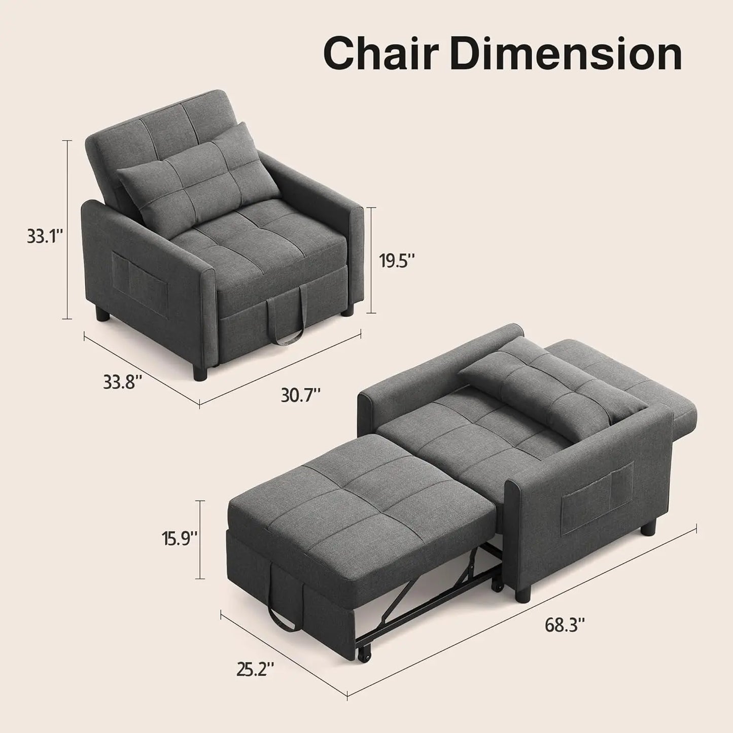 Three In One Convertible Sleeper Sofa Bed Linen Fabric