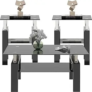 3-Piece Glass Coffee Table Set With End Tables Modern Metal