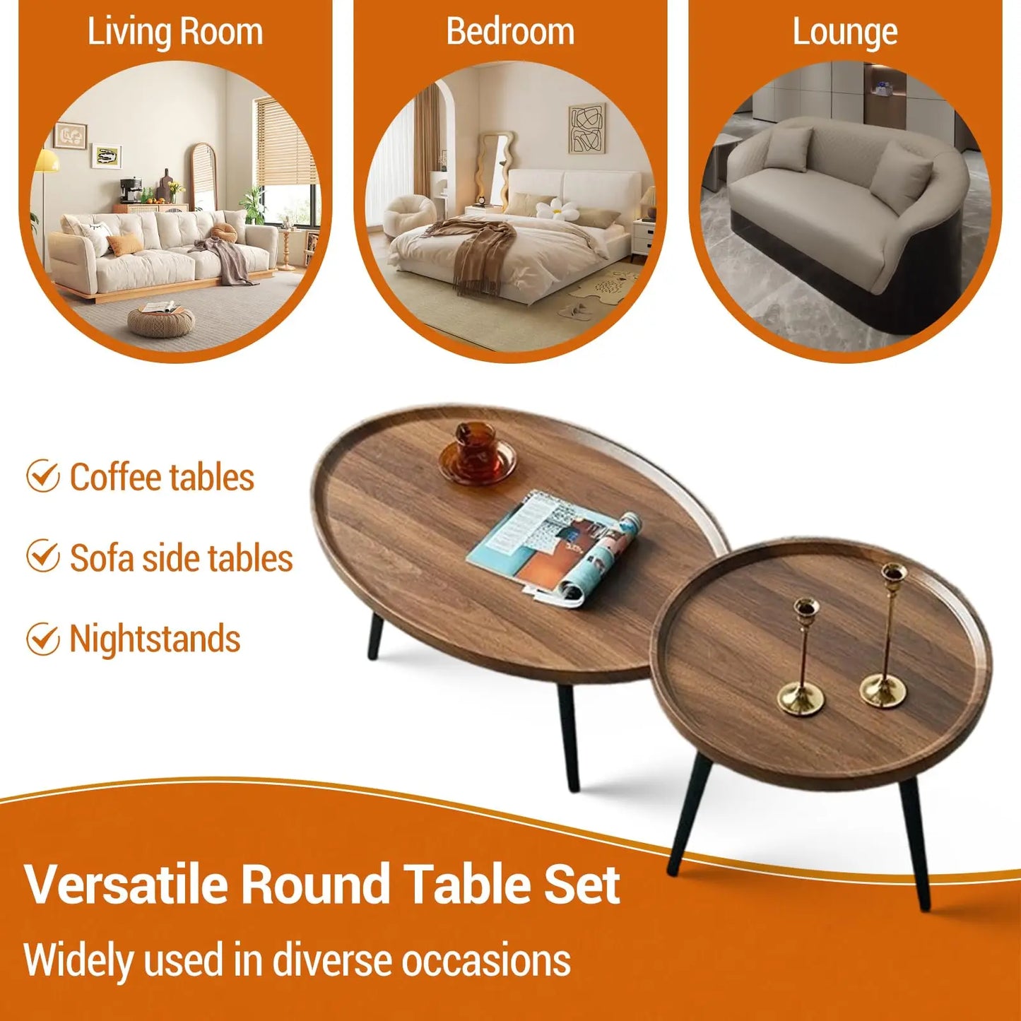 HiMISS Nesting Coffee Tables Set Walnut Mid Century Modern