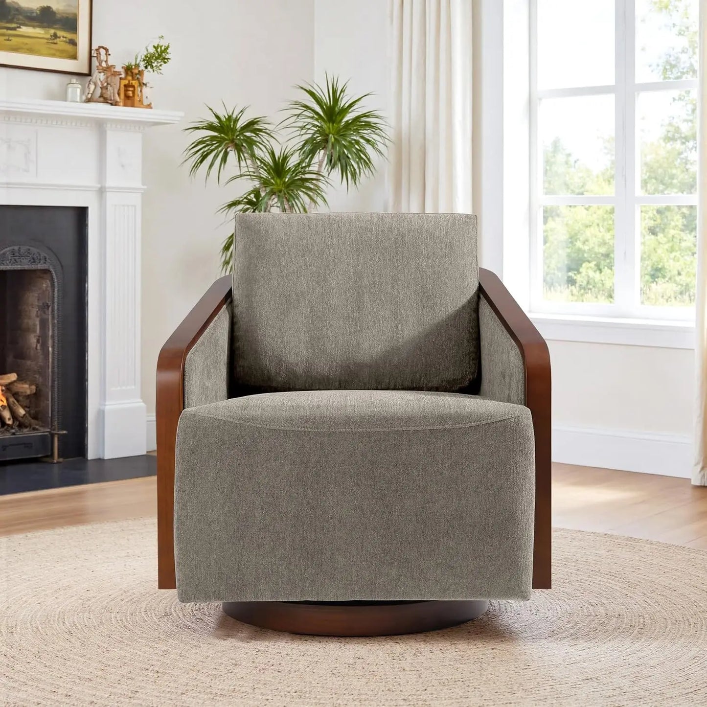 360 Degree Swivel Upholstered Round Barrel Chair Chenille Armchair