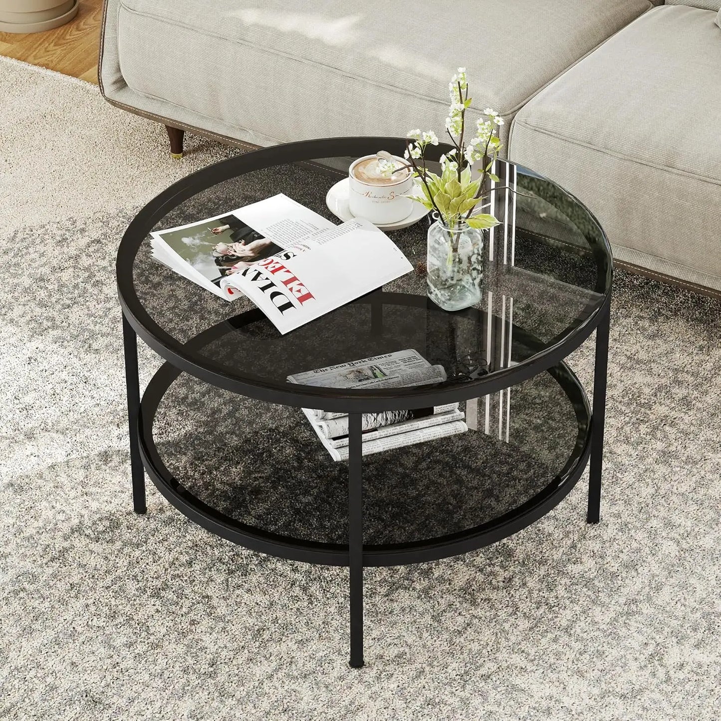 Round Glass Coffee Table With Storage Shelf For Living Room