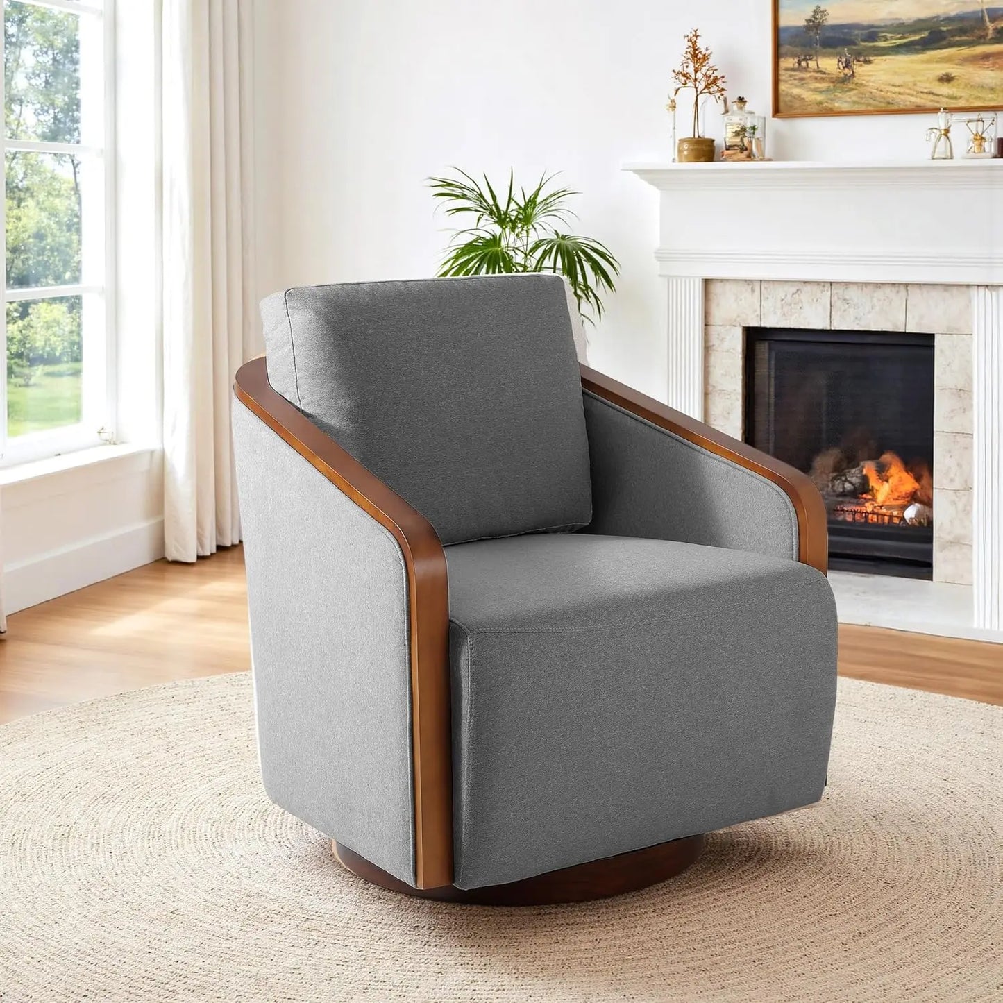 360 Degree Swivel Upholstered Round Barrel Chair Chenille Armchair