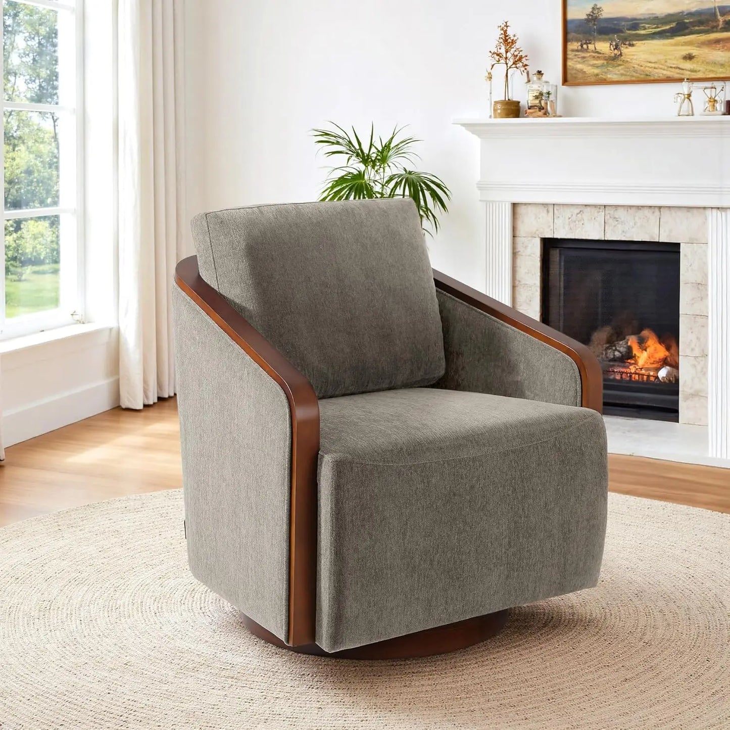 360 Degree Swivel Upholstered Round Barrel Chair Chenille Armchair