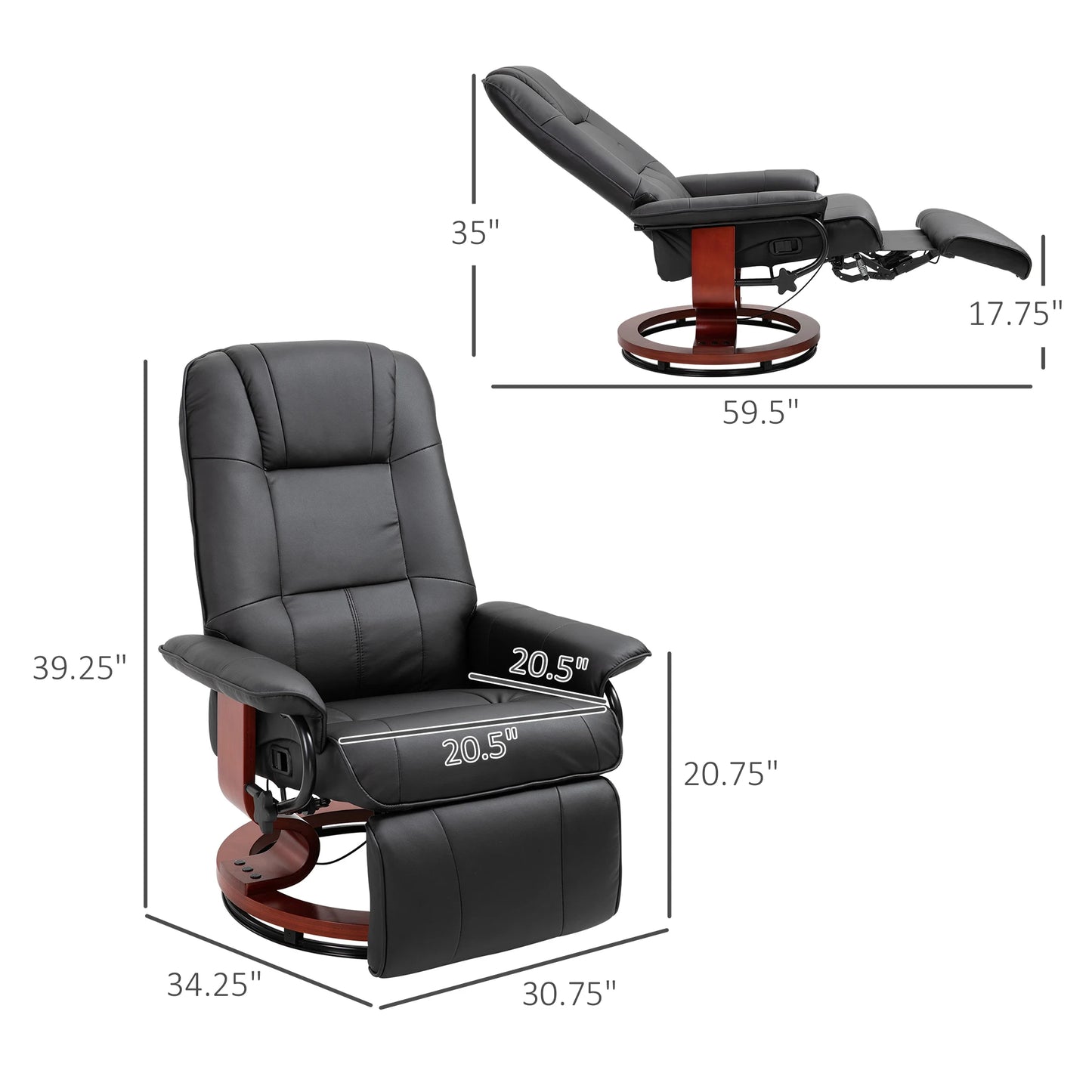 HOMCOM Faux Leather Reclining Lounge Chair With Swivel Wooden Base
