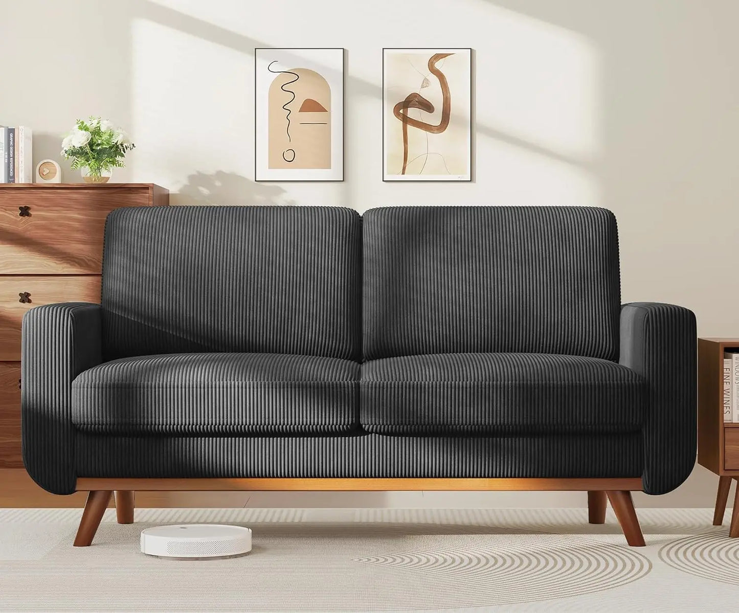 HUANZHUANG Corduroy Loveseat Sofa With Spring Cushion Solid Wood Frame
