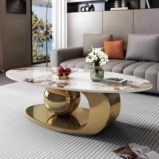 Modern Marble Oval Coffee Table with Gold Metal Base