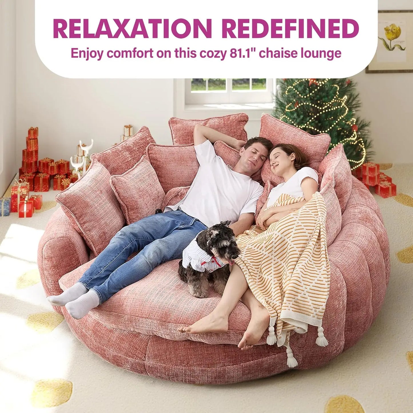Round Chenille Chaise Lounge Couch With Backrest And Pillows