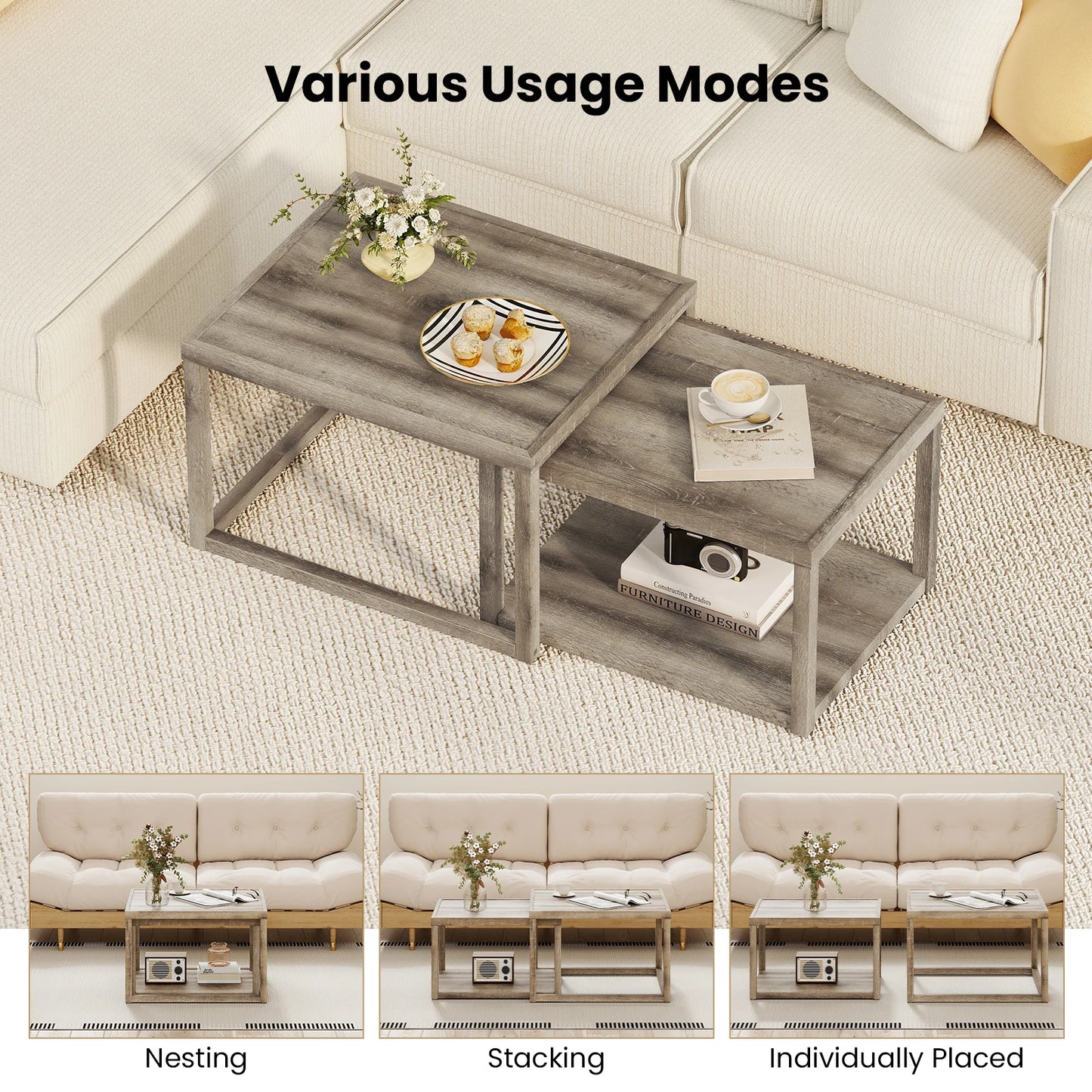 HOMASIS Nesting Coffee Tables Set of 2 With Storage