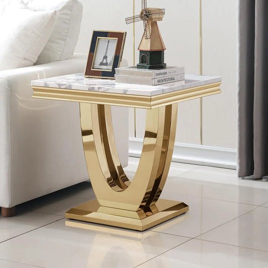 Modern Marble End Table With U Shaped Stainless Steel Base