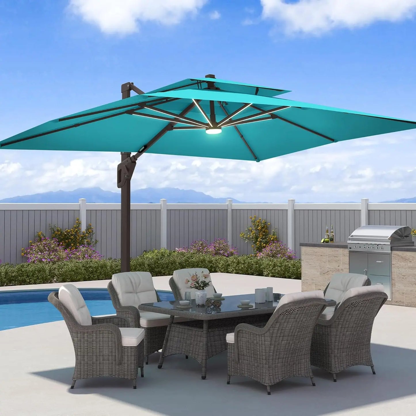 Aluminum Cantilever Patio Umbrella With LED Lights And Weighted Base