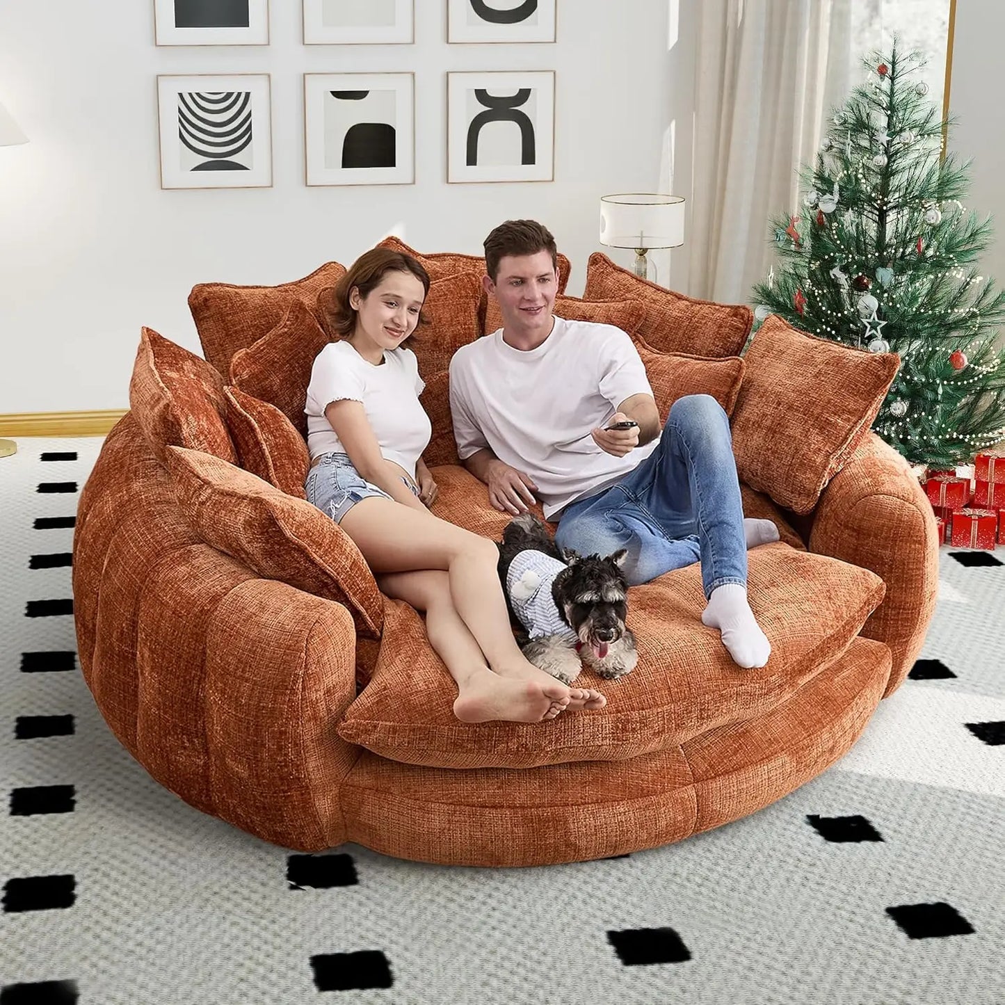 Round Chenille Chaise Lounge Couch With Backrest And Pillows