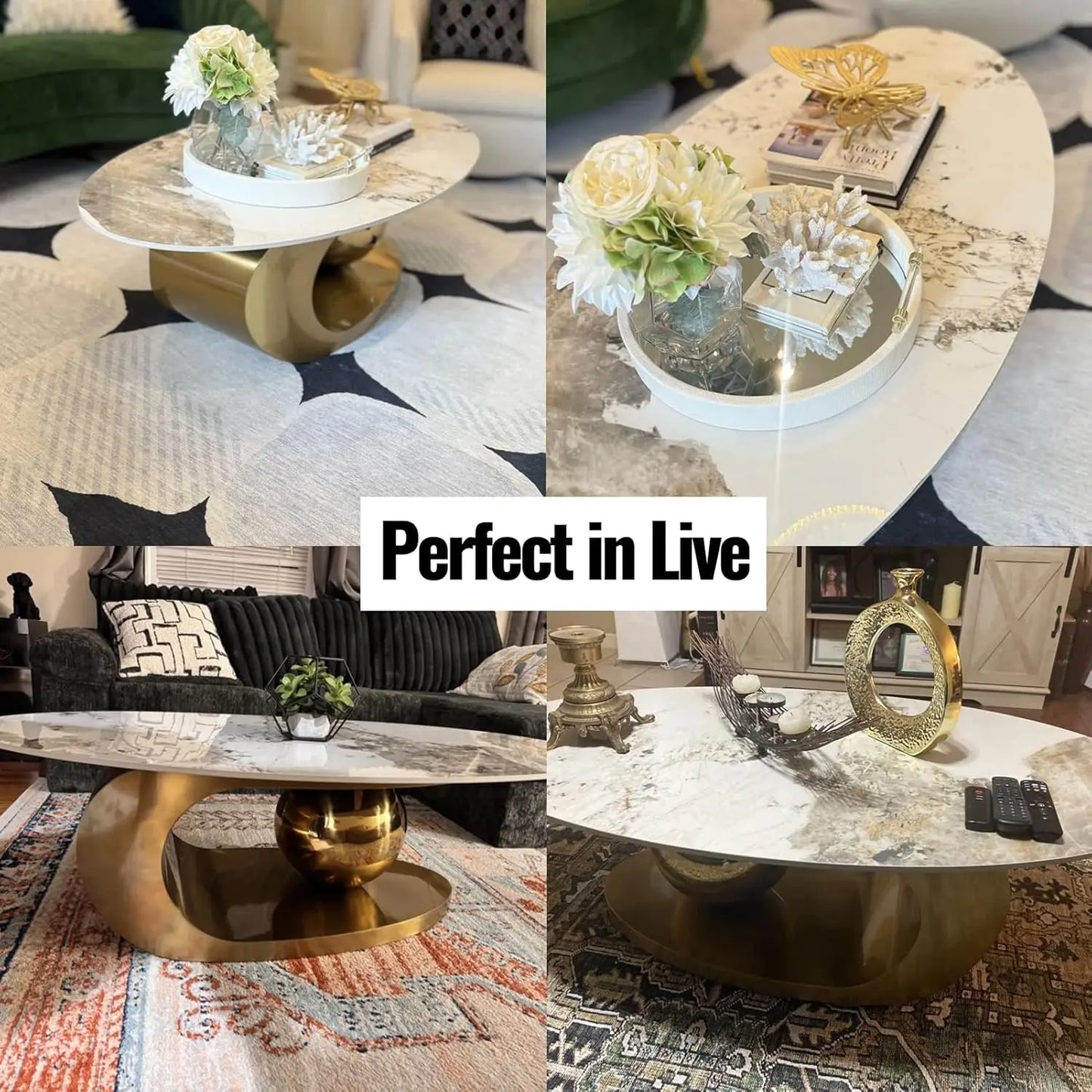 Modern Marble Oval Coffee Table with Gold Metal Base