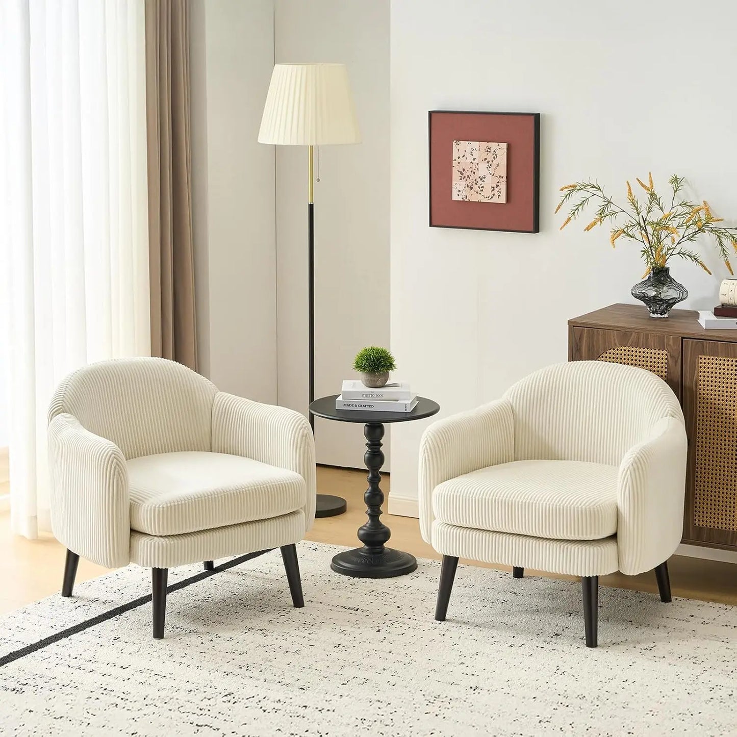 Barrel Accent Chair Set Armrest Track Wood Legs Upholstered Corduroy