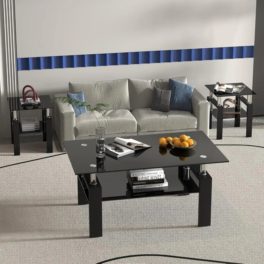 3-Piece Glass Coffee Table Set With End Tables Modern Metal
