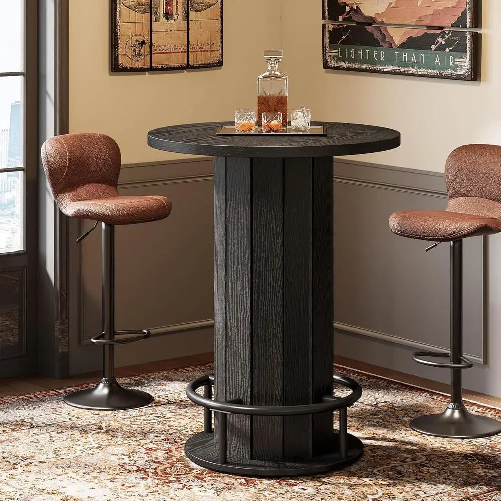 LISM Round Wood Bar Table With Metal Ring Footrest