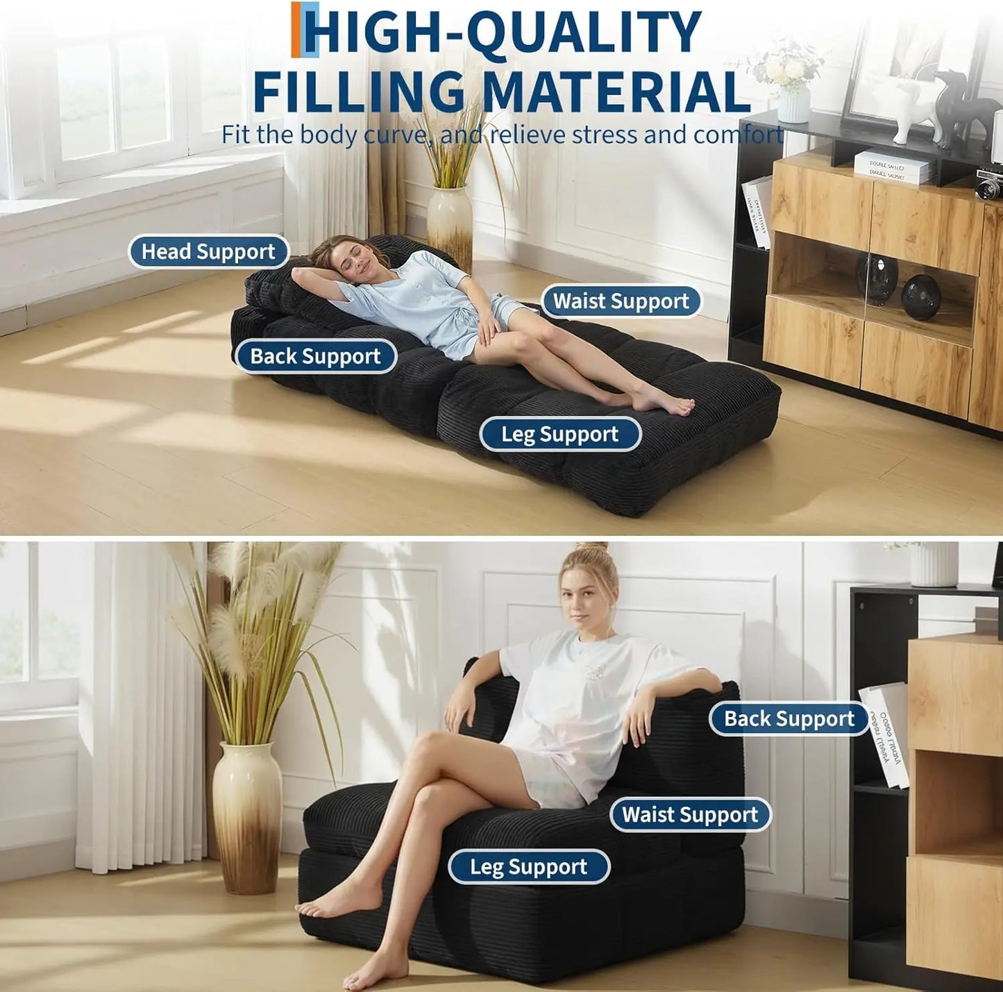 HiMISS 3 In 1 Folding Sofa Bed With Pillow BackSupport