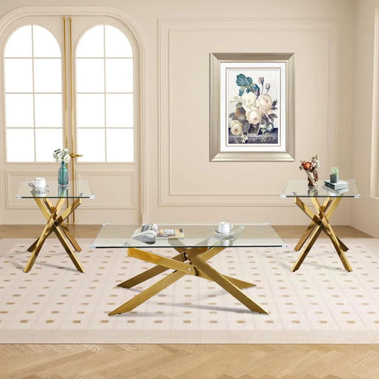 Tempered Glass Coffee And End Table Set With Geometric Legs