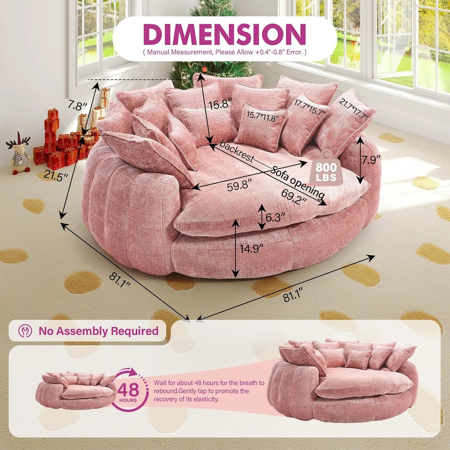 Round Chenille Chaise Lounge Couch With Backrest And Pillows