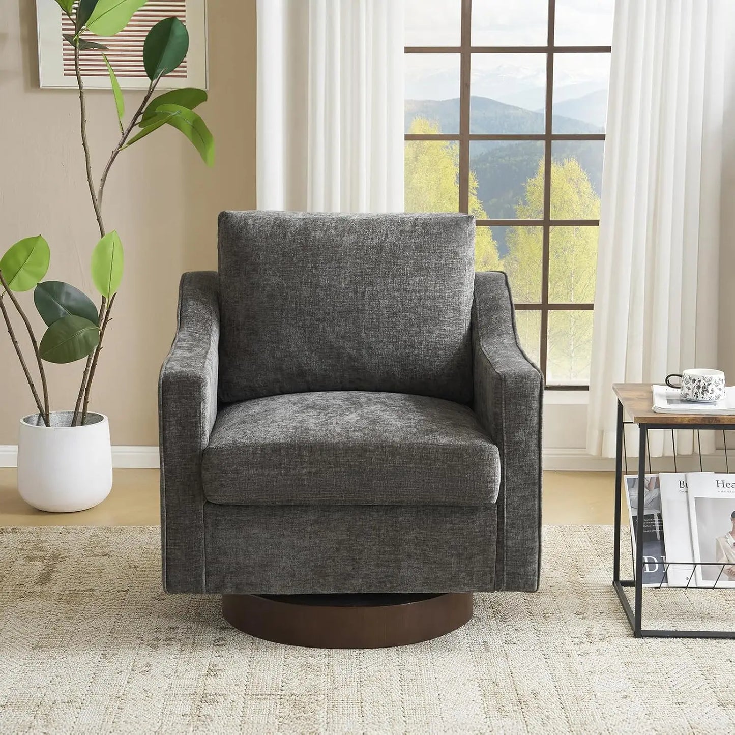 Mid Century Modern Swivel Accent Armchair 360 Degree Upholstered Track Arms