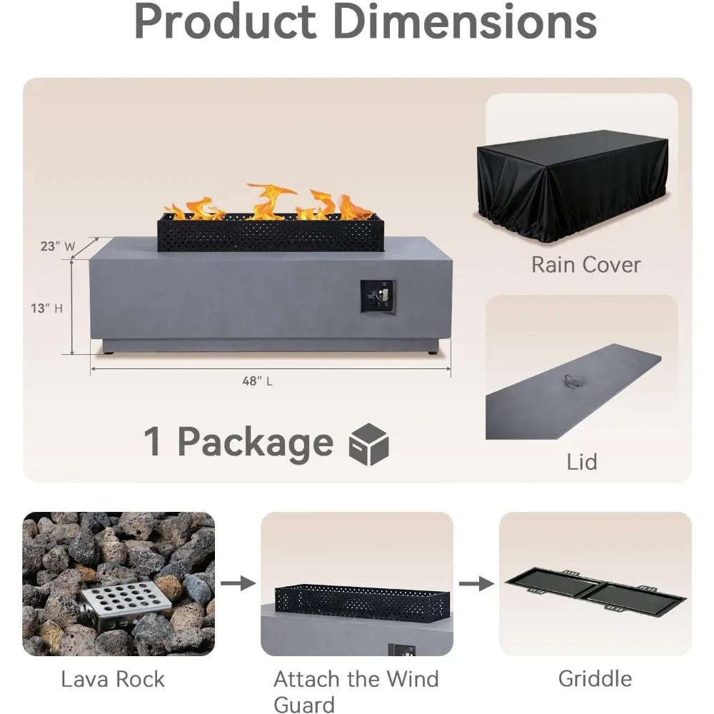 Rectangular Propane Fire Pit Table 50k BTU With Griddle
