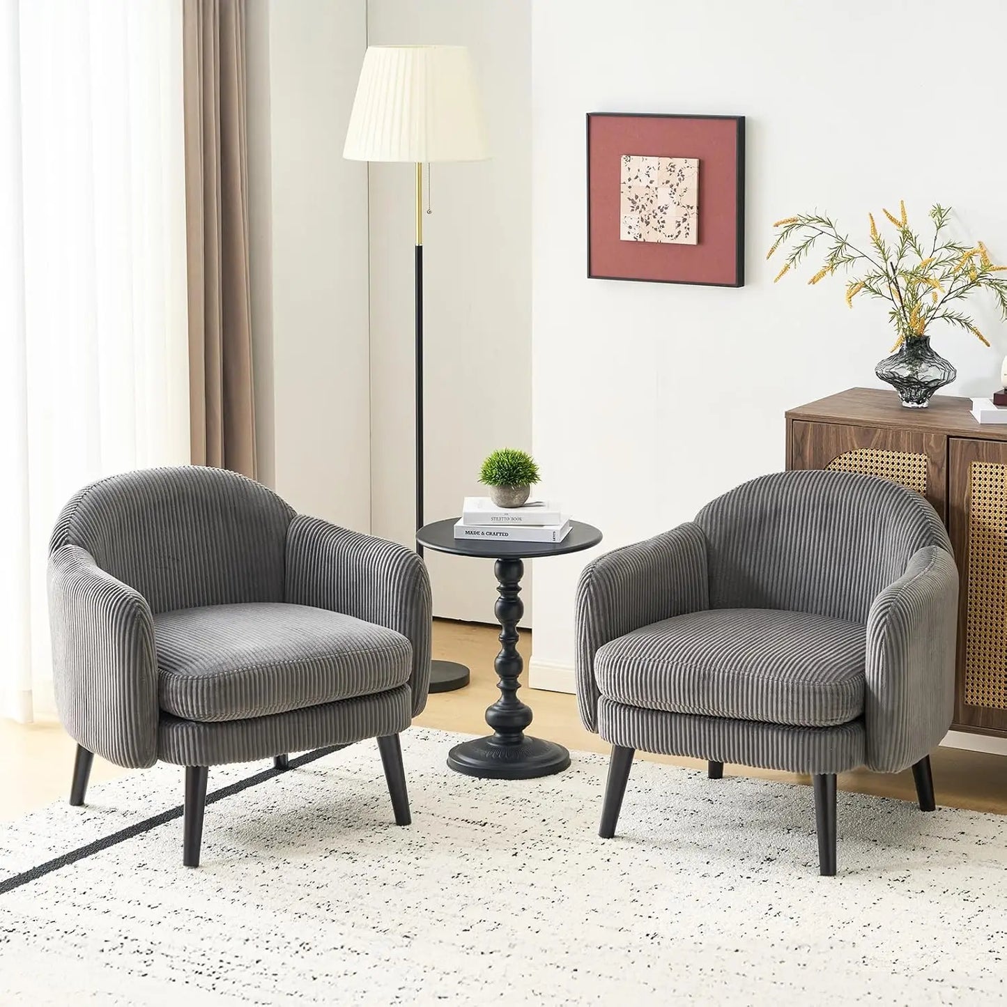 Barrel Accent Chair Set Armrest Track Wood Legs Upholstered Corduroy