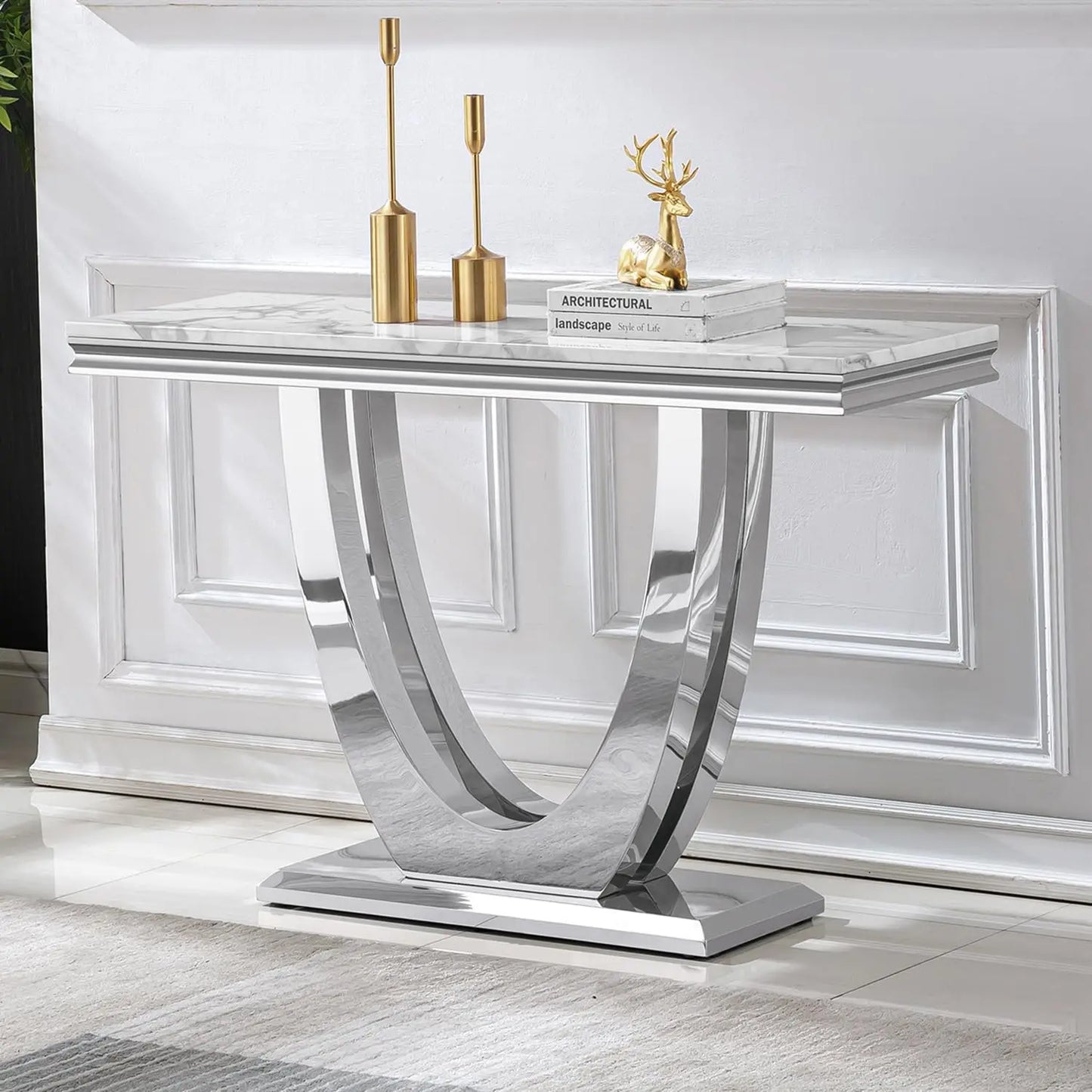 Modern Marble End Table With U Shaped Stainless Steel Base